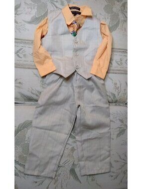 Andrew Fezza boy 4 pc suit outfit 18 months vest, pants, plaid tie, peach shirt